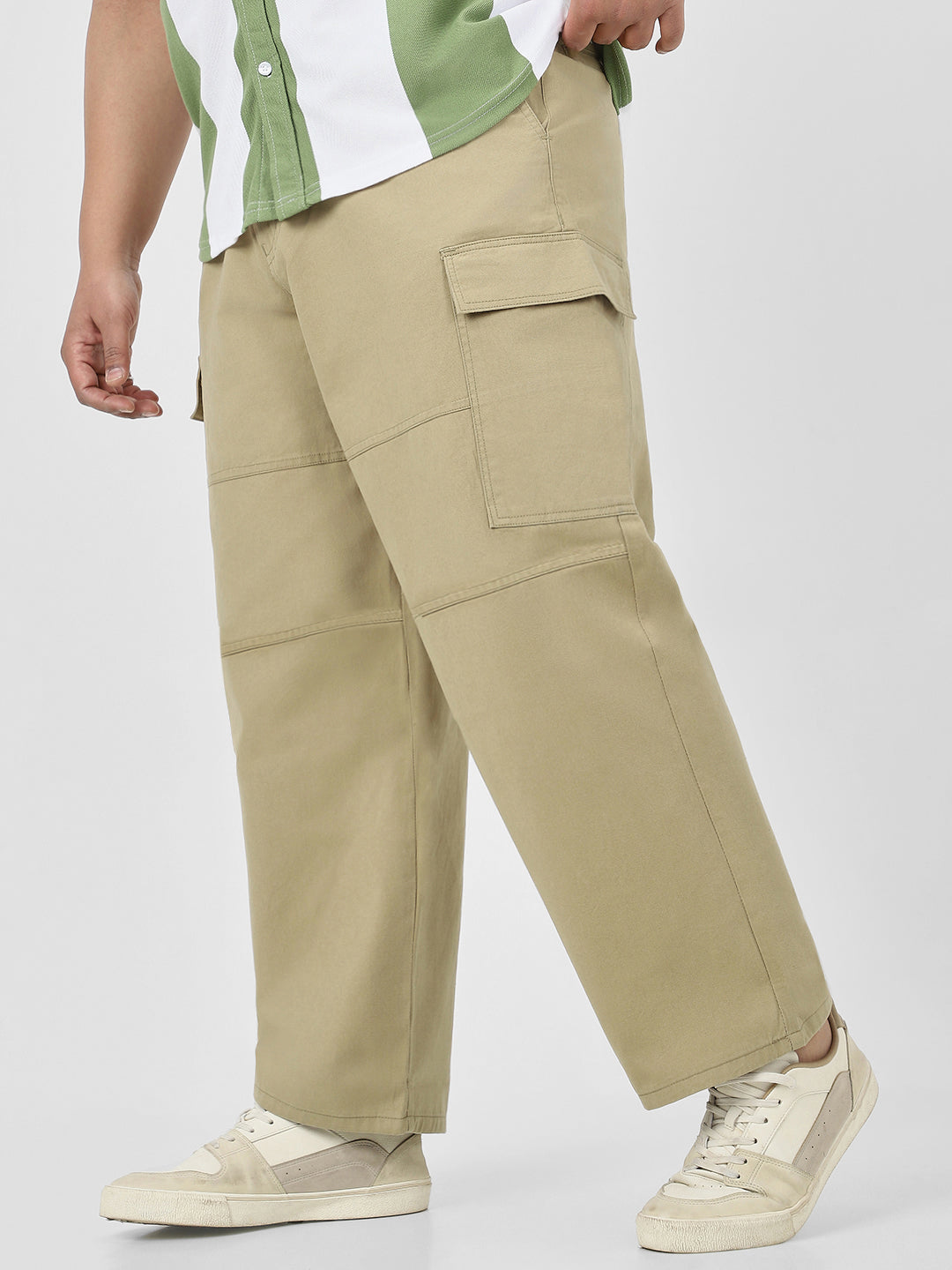 Plus Men's Light Olive Loose Baggy Fit Solid Cargo Chino Pant with 6 Pockets Non-Stretchable