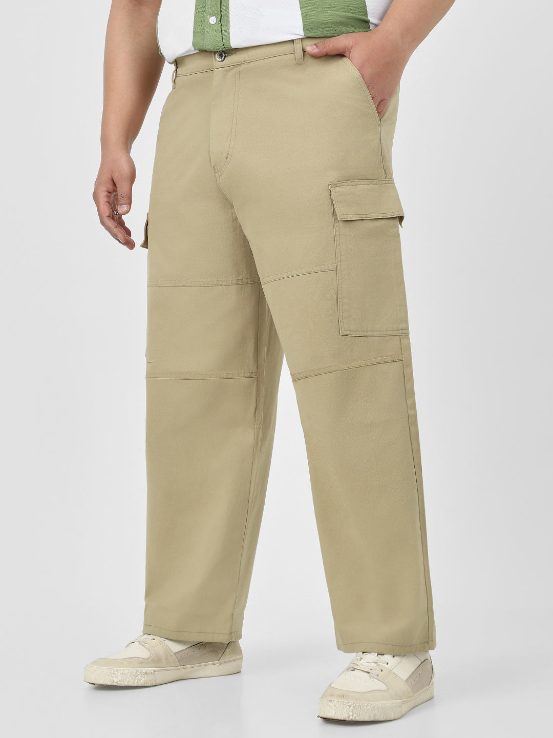 Plus Men's Light Olive Loose Baggy Fit Solid Cargo Chino Pant with 6 Pockets Non-Stretchable