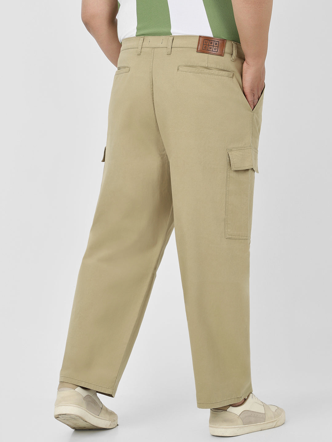 Plus Men's Light Olive Loose Baggy Fit Solid Cargo Chino Pant with 6 Pockets Non-Stretchable