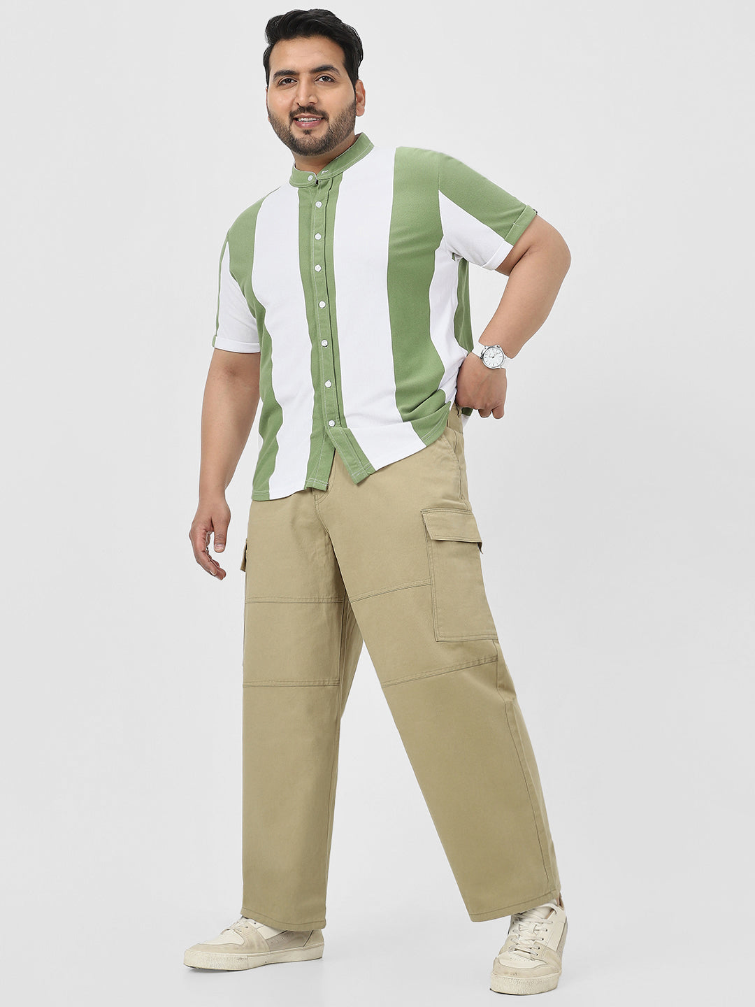 Plus Men's Light Olive Loose Baggy Fit Solid Cargo Chino Pant with 6 Pockets Non-Stretchable