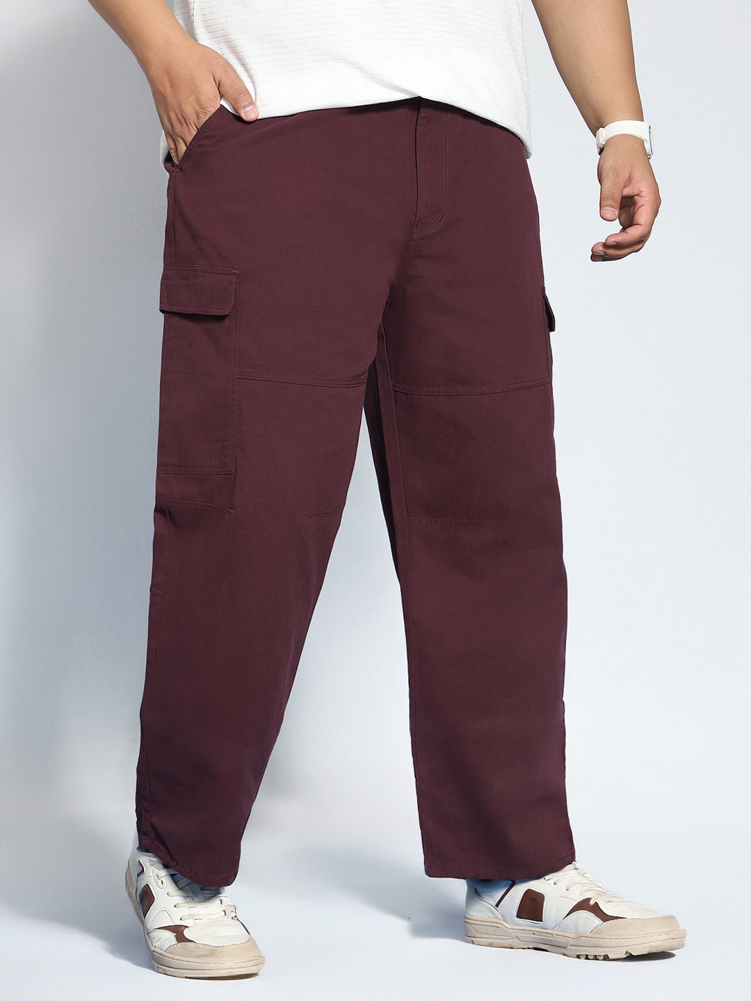 Plus Men's Maroon Loose Baggy Fit Solid Cargo Chino Pant with 6 Pockets Non-Stretchable