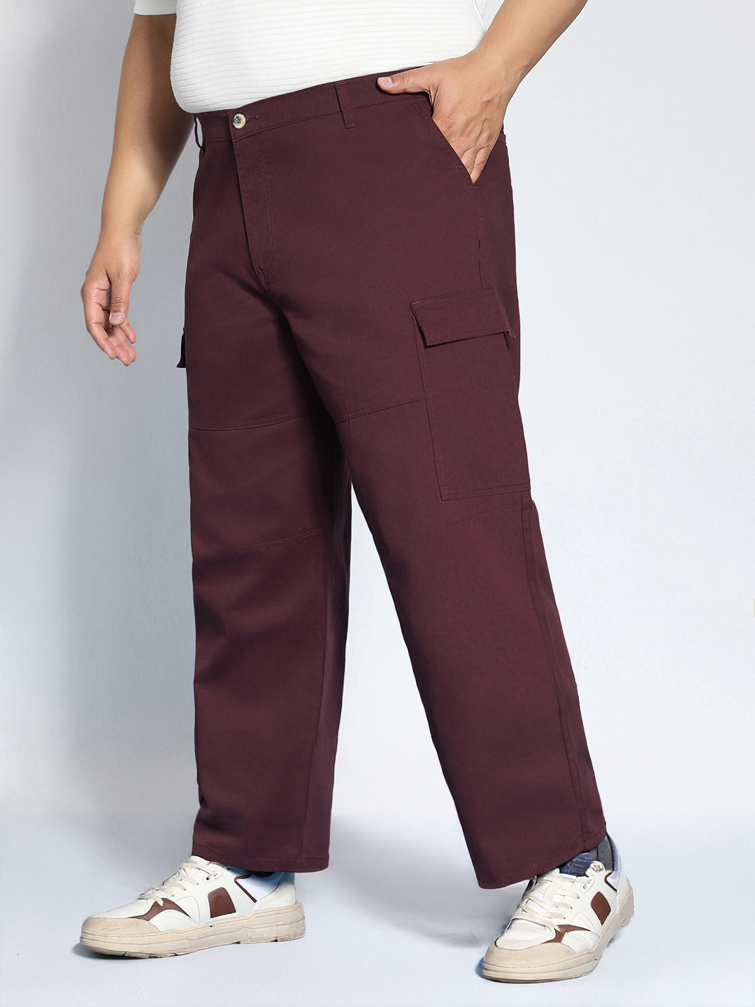 Plus Men's Maroon Loose Baggy Fit Solid Cargo Chino Pant with 6 Pockets Non-Stretchable