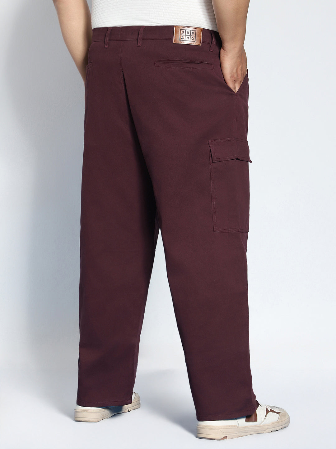 Plus Men's Maroon Loose Baggy Fit Solid Cargo Chino Pant with 6 Pockets Non-Stretchable