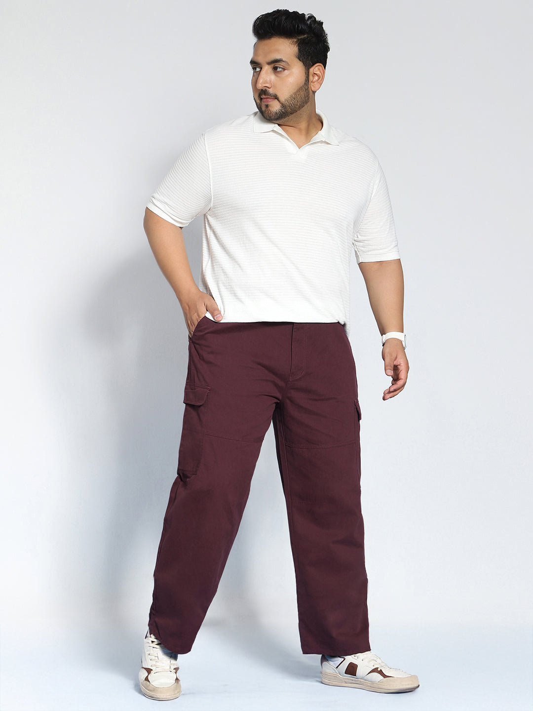 Plus Men's Maroon Loose Baggy Fit Solid Cargo Chino Pant with 6 Pockets Non-Stretchable