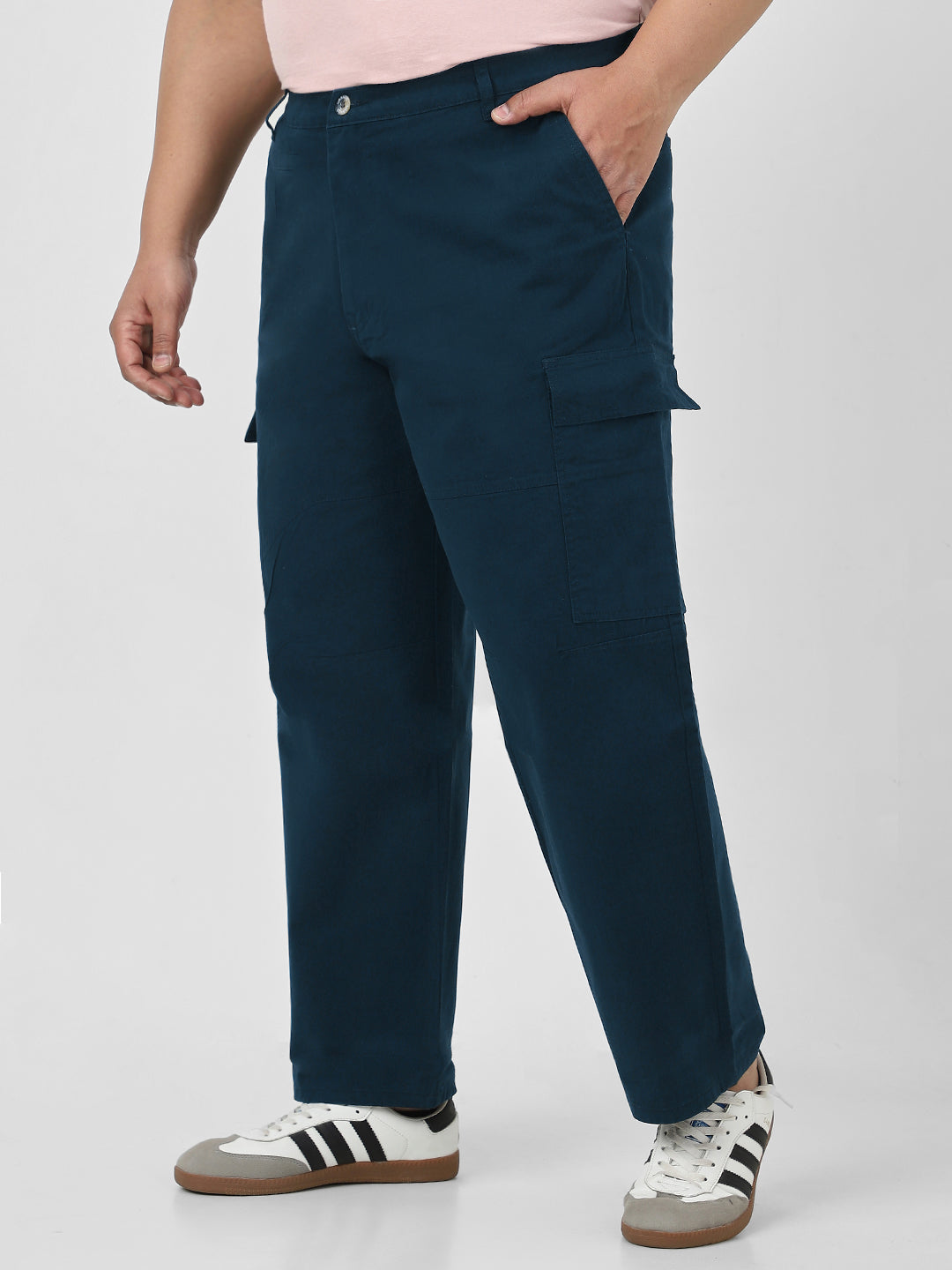 Plus Men's Navy Loose Baggy Fit Solid Cargo Chino Pant with 6 Pockets Non-Stretchable