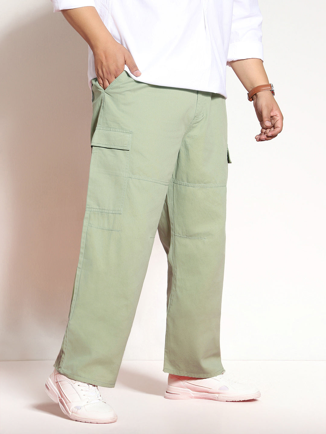 Plus Men's Pista Loose Baggy Fit Solid Cargo Chino Pant with 6 Pockets Non-Stretchable