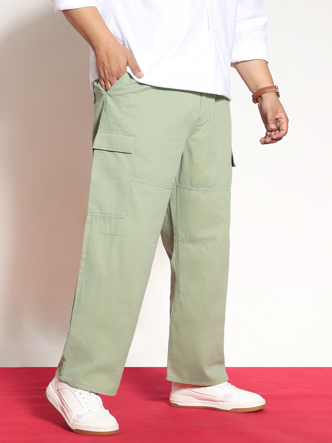 Plus Men's Pista Loose Baggy Fit Solid Cargo Chino Pant with 6 Pockets Non-Stretchable