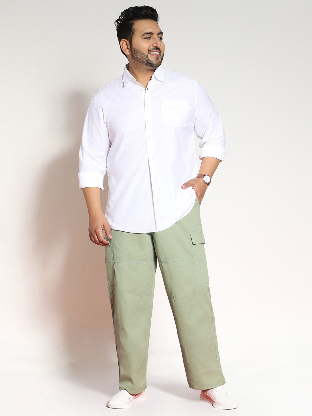 Plus Men's Pista Loose Baggy Fit Solid Cargo Chino Pant with 6 Pockets Non-Stretchable