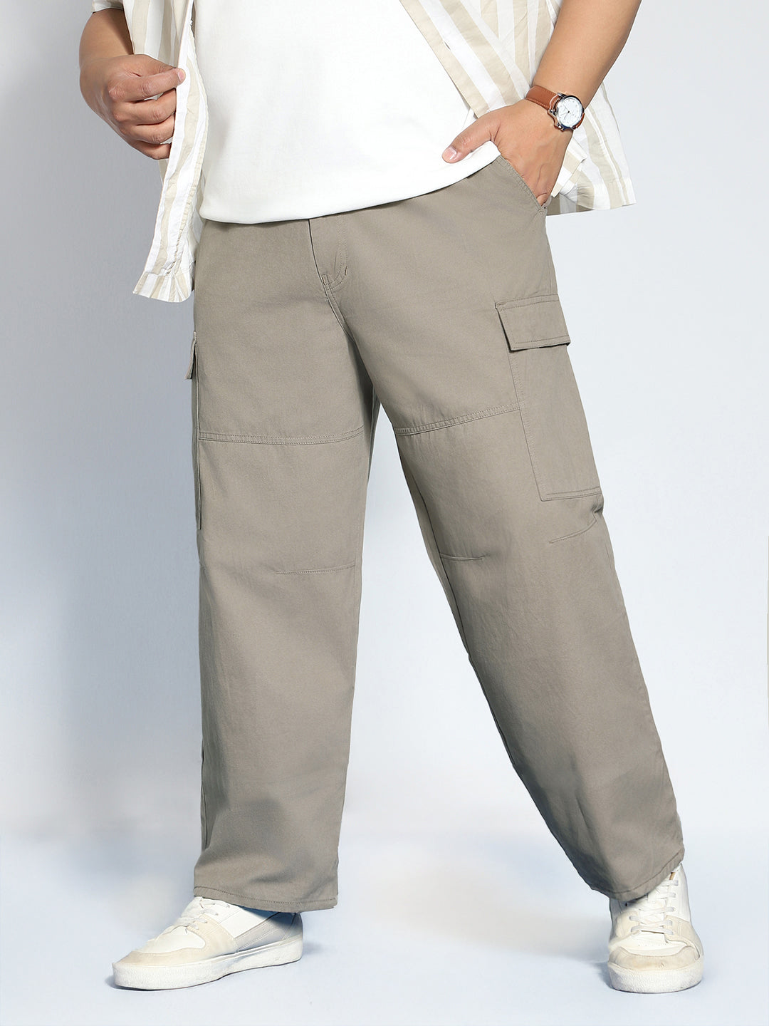 Plus Men's Steel Grey Loose Baggy Fit Solid Cargo Chino Pant with 6 Pockets Non-Stretchable