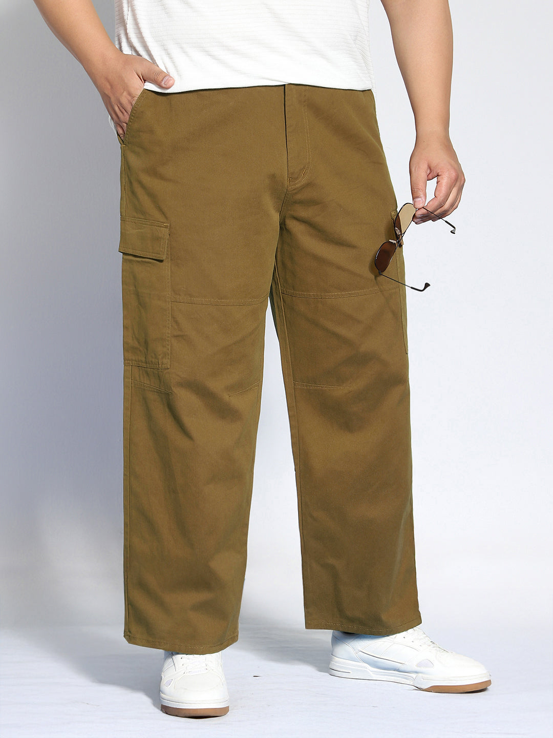 Plus Men's Tobacco Loose Baggy Fit Solid Cargo Chino Pant with 6 Pockets Non-Stretchable