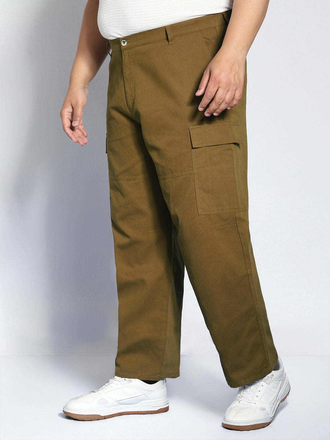 Plus Men's Tobacco Loose Baggy Fit Solid Cargo Chino Pant with 6 Pockets Non-Stretchable