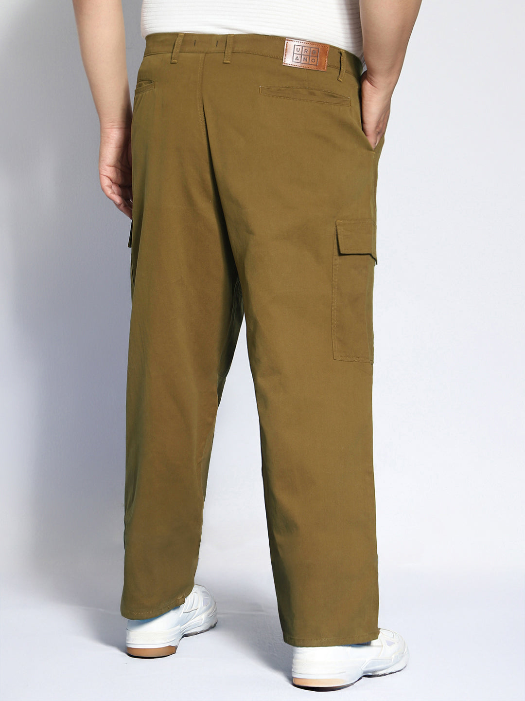 Plus Men's Tobacco Loose Baggy Fit Solid Cargo Chino Pant with 6 Pockets Non-Stretchable