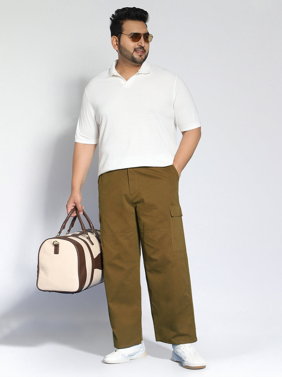 Plus Men's Tobacco Loose Baggy Fit Solid Cargo Chino Pant with 6 Pockets Non-Stretchable