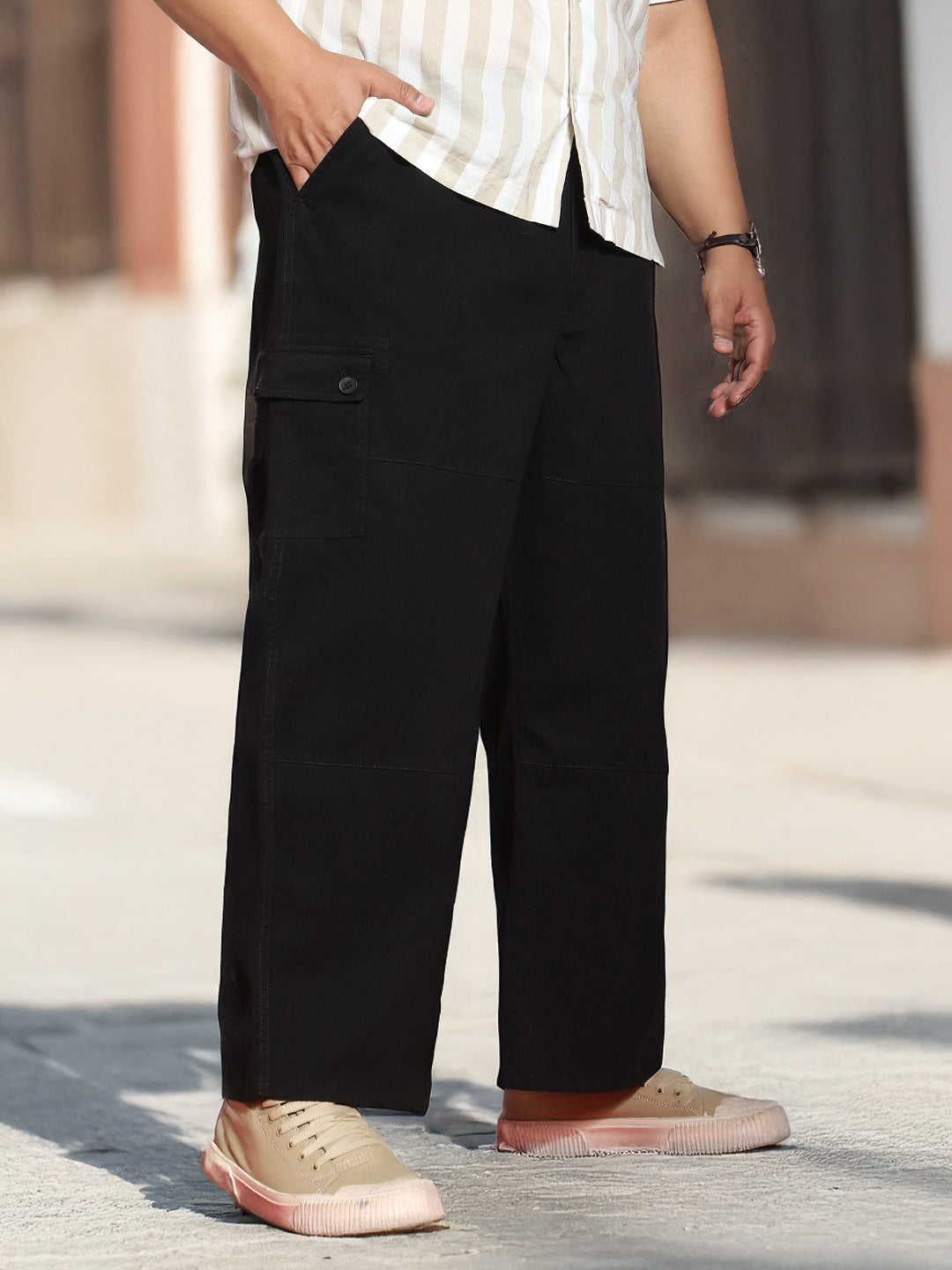 Plus Men's Black Loose Baggy Fit Cargo Jogger Chino Pant with 6 Pockets Stretchable