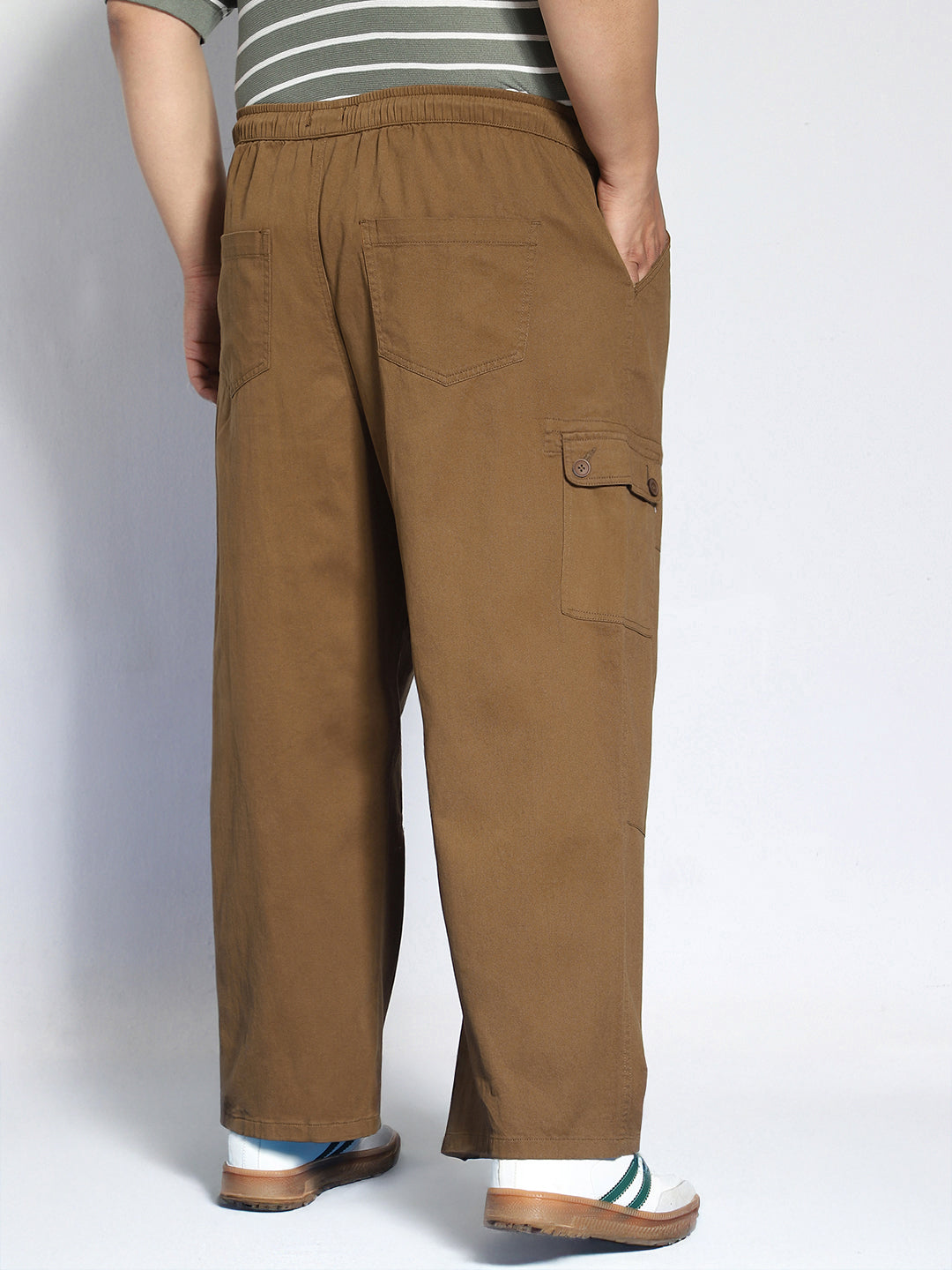 Plus Men's Brown Loose Baggy Fit Cargo Jogger Chino Pant with 6 Pockets Stretchable