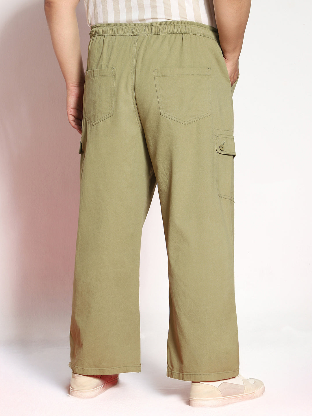 Plus Men's Light Olive Loose Baggy Fit Cargo Jogger Chino Pant with 6 Pockets Stretchable