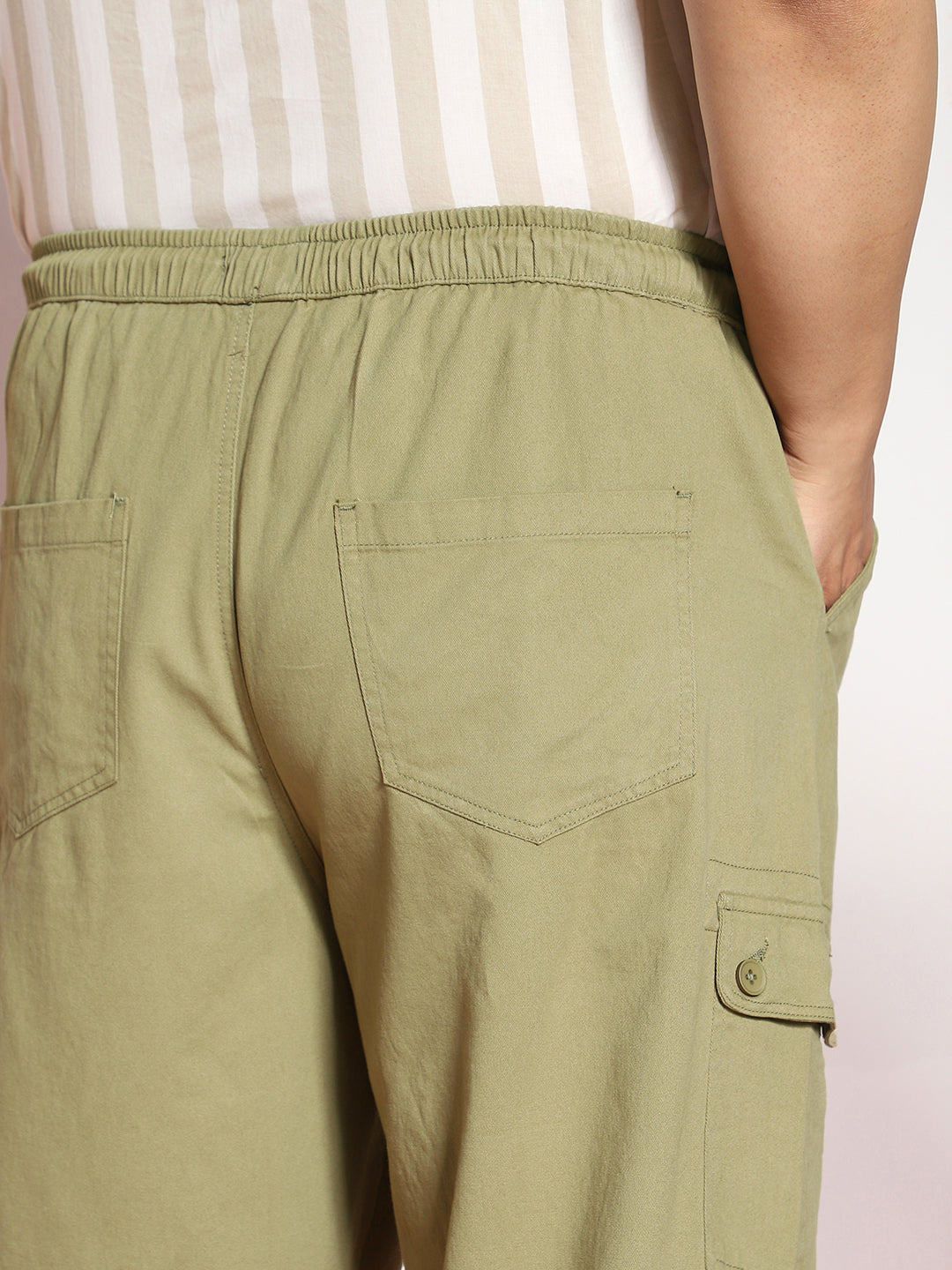 Plus Men's Light Olive Loose Baggy Fit Cargo Jogger Chino Pant with 6 Pockets Stretchable