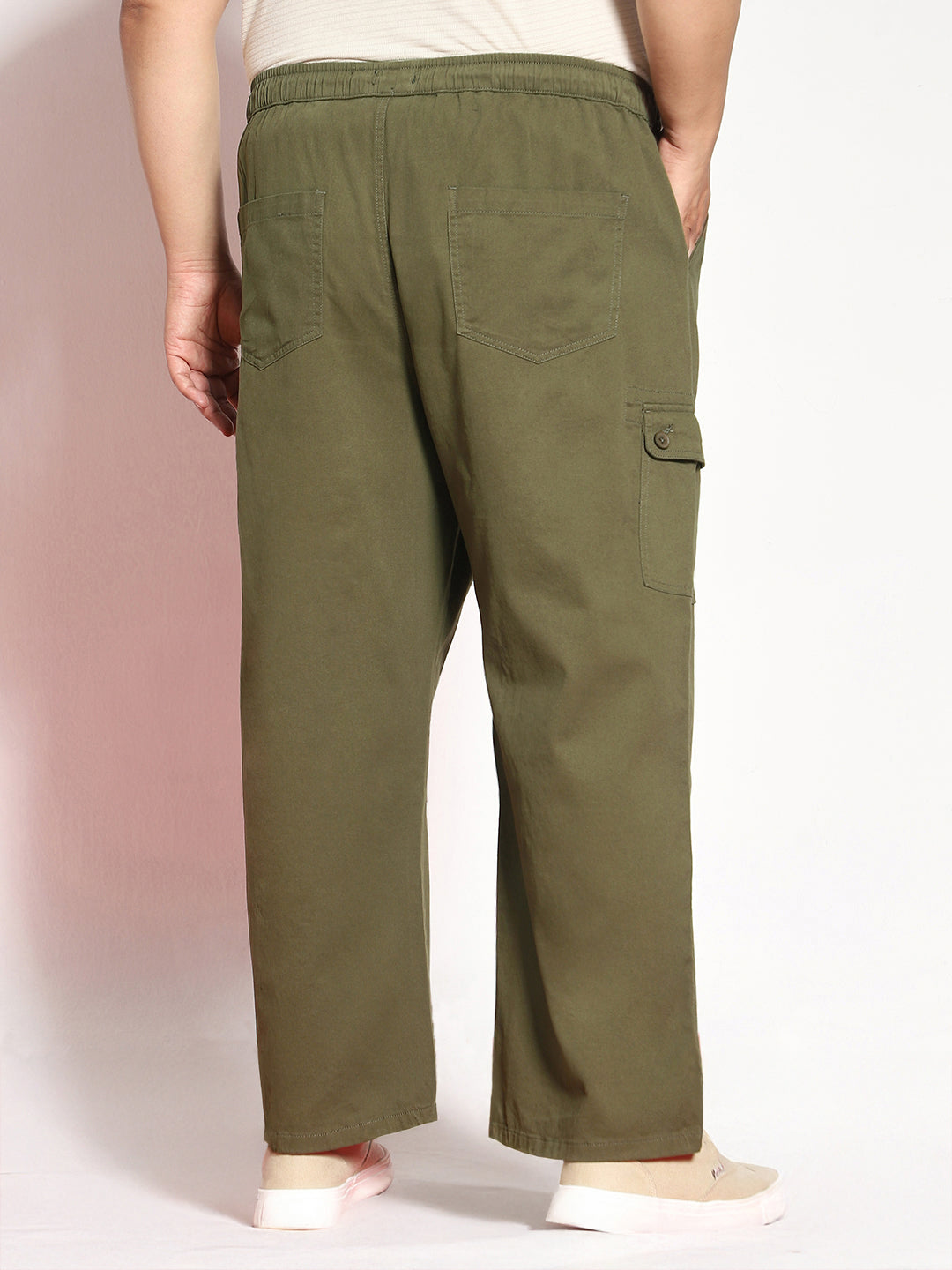 Plus Men's Medium Olive Loose Baggy Fit Cargo Jogger Chino Pant with 6 Pockets Stretchable