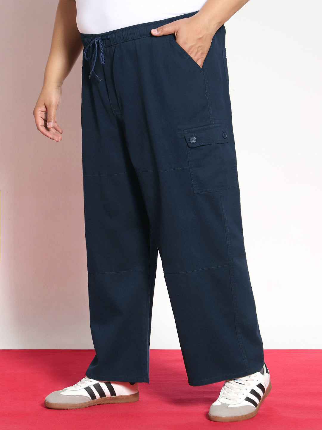 Plus Men's Navy Loose Baggy Fit Cargo Jogger Chino Pant with 6 Pockets Stretchable