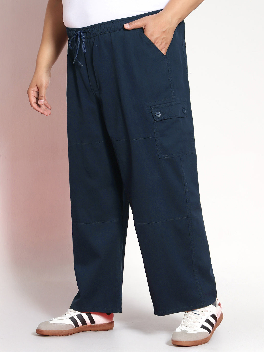 Plus Men's Navy Loose Baggy Fit Cargo Jogger Chino Pant with 6 Pockets Stretchable