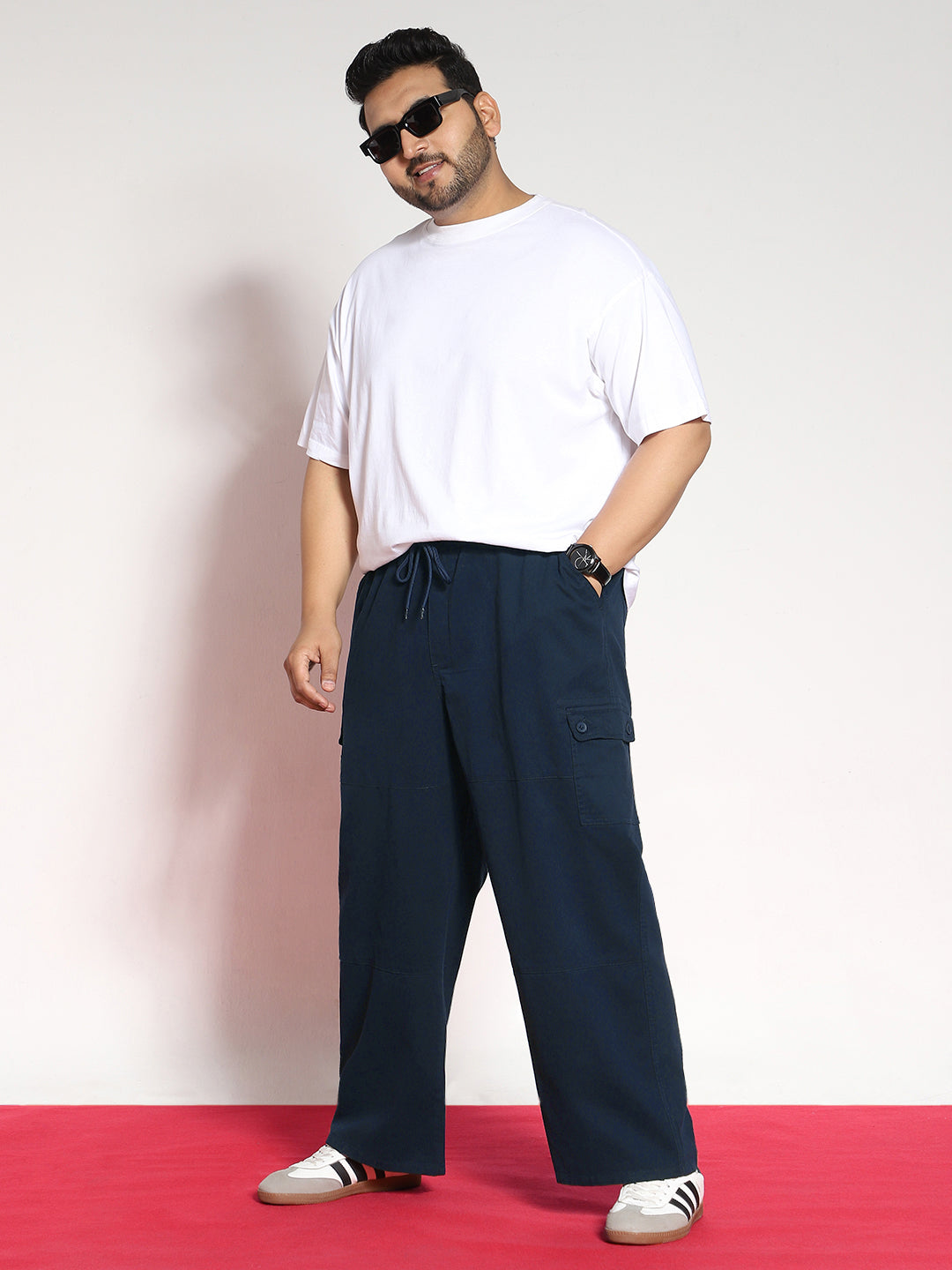 Plus Men's Navy Loose Baggy Fit Cargo Jogger Chino Pant with 6 Pockets Stretchable
