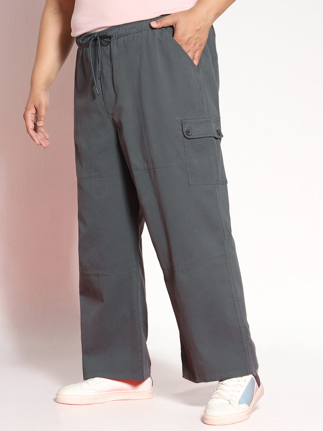Plus Men's Steel Grey Loose Baggy Fit Cargo Jogger Chino Pant with 6 Pockets Stretchable