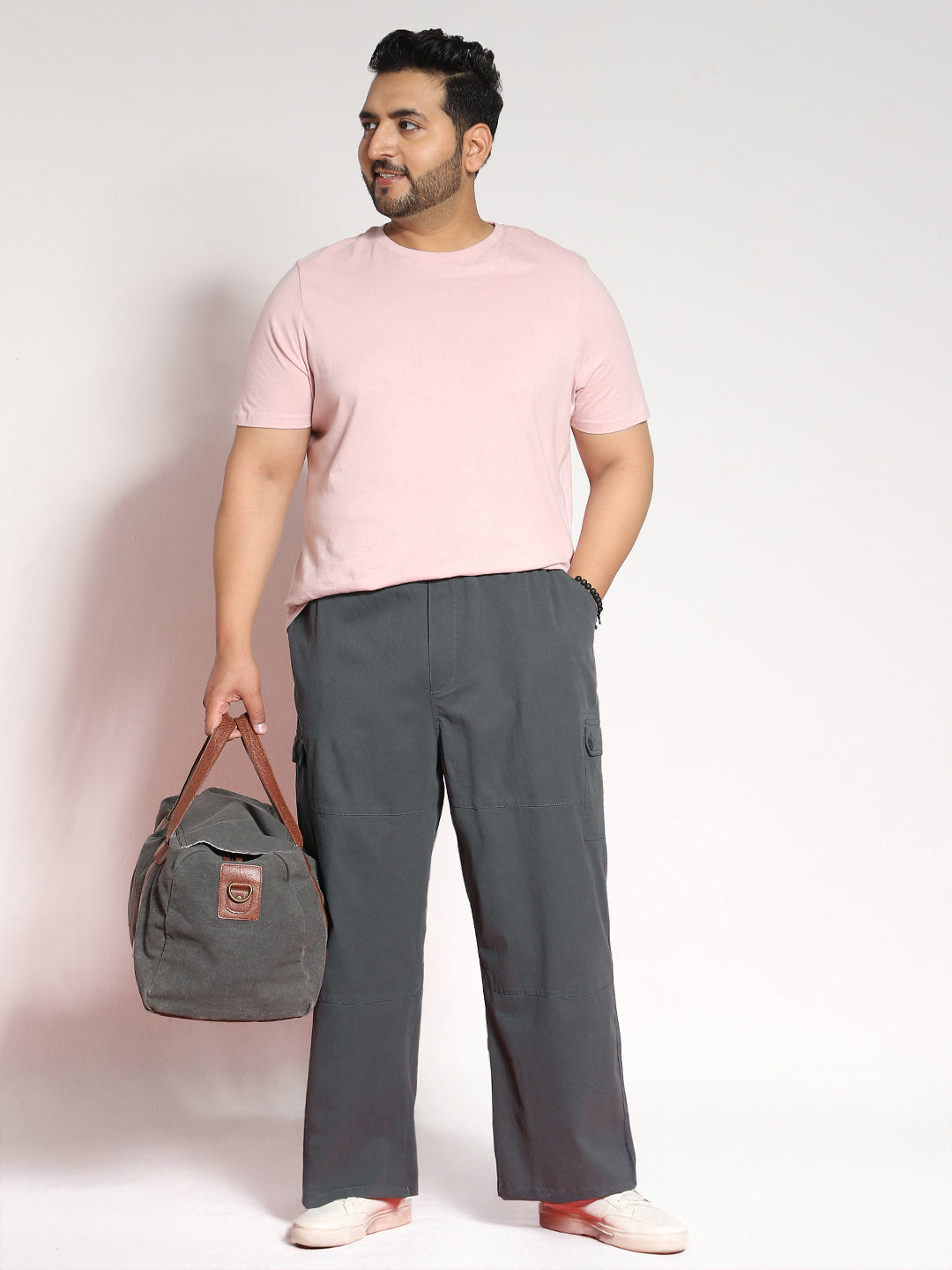 Plus Men's Steel Grey Loose Baggy Fit Cargo Jogger Chino Pant with 6 Pockets Stretchable