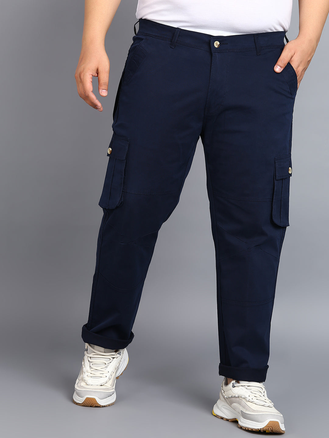 Plus Men's Navy Blue Regular Fit Solid Cargo Chino Pant with 6 Pockets ...