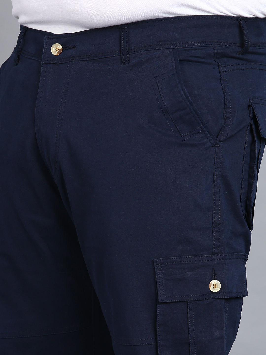 Plus Men's Navy Blue Regular Fit Solid Cargo Chino Pant with 6 Pockets ...