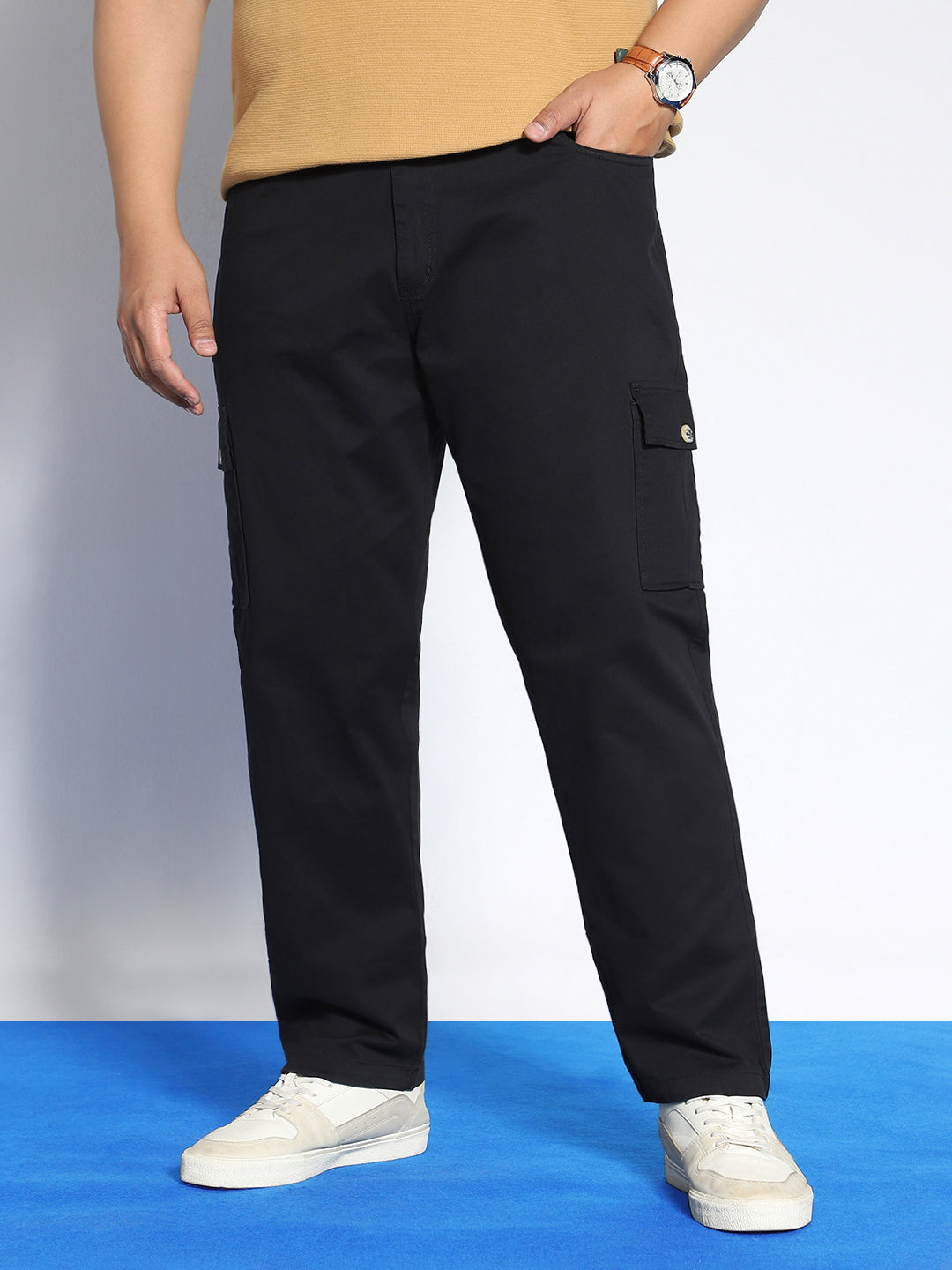 Plus Men's Black Regular Fit Solid Cargo Chino Pant with 6 Pockets Stretchable