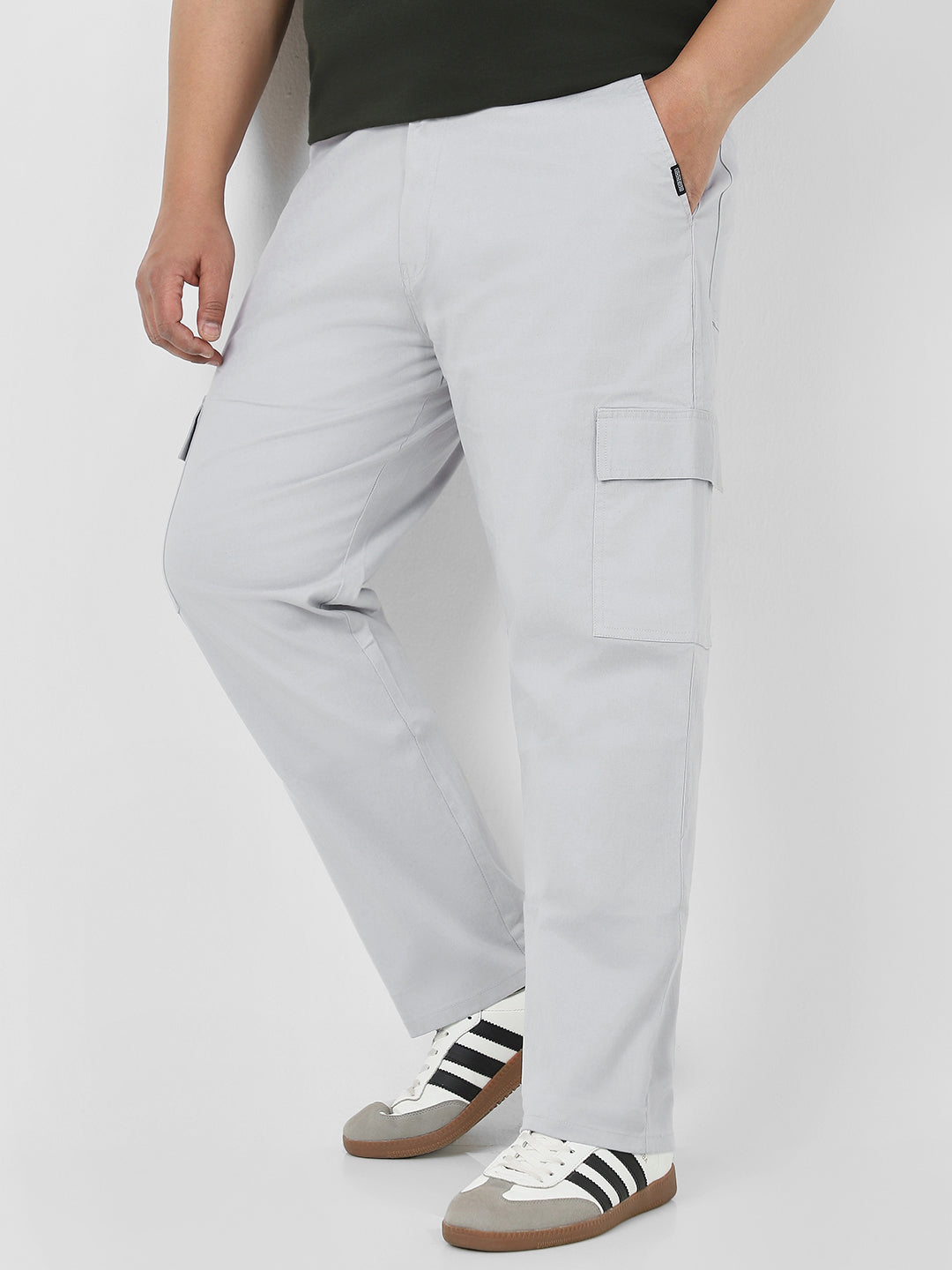 Plus Men's Ice Grey Regular Fit Solid Cargo Chino Pant with 6 Pockets Stretchable