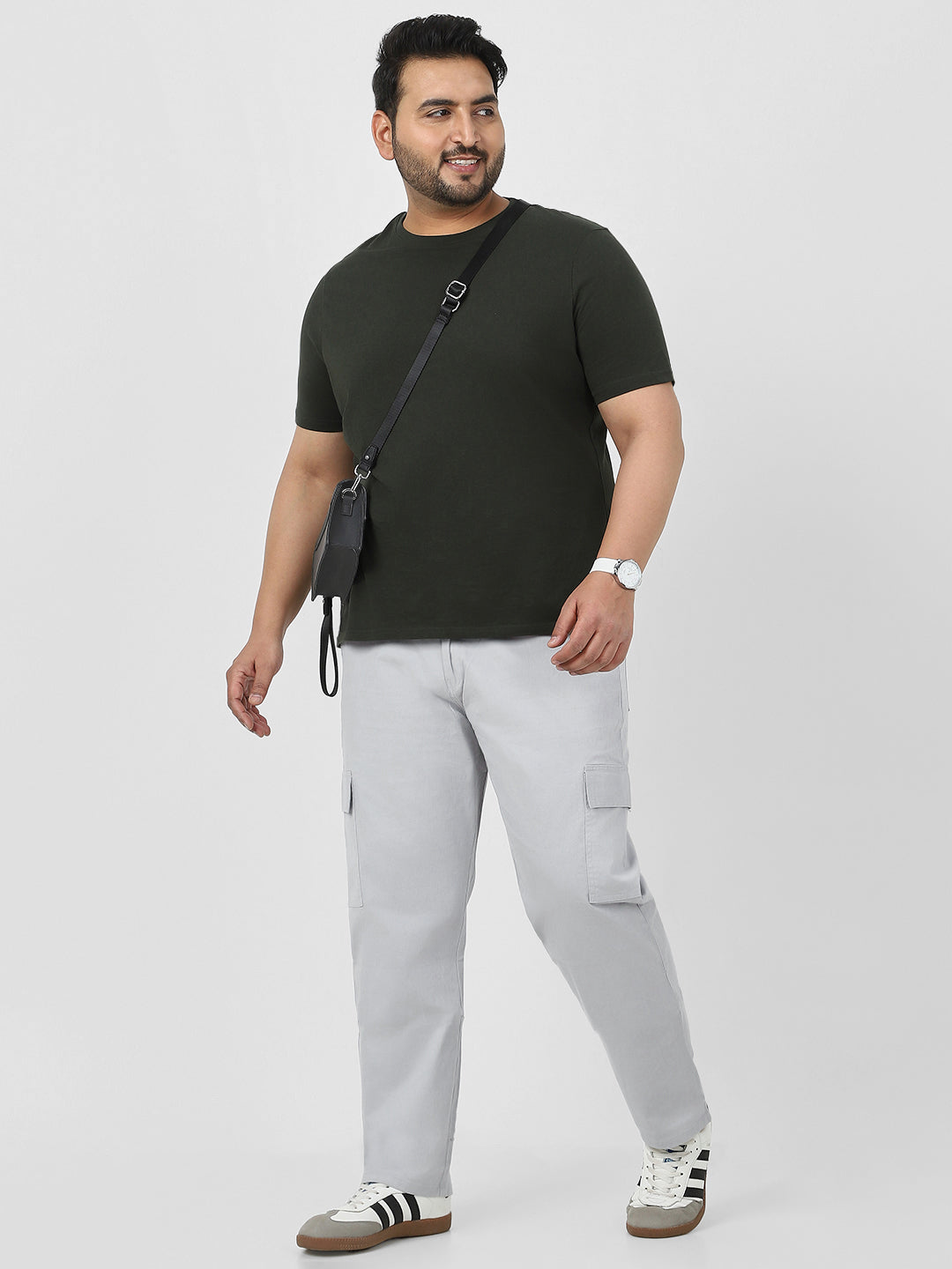 Plus Men's Ice Grey Regular Fit Solid Cargo Chino Pant with 6 Pockets Stretchable