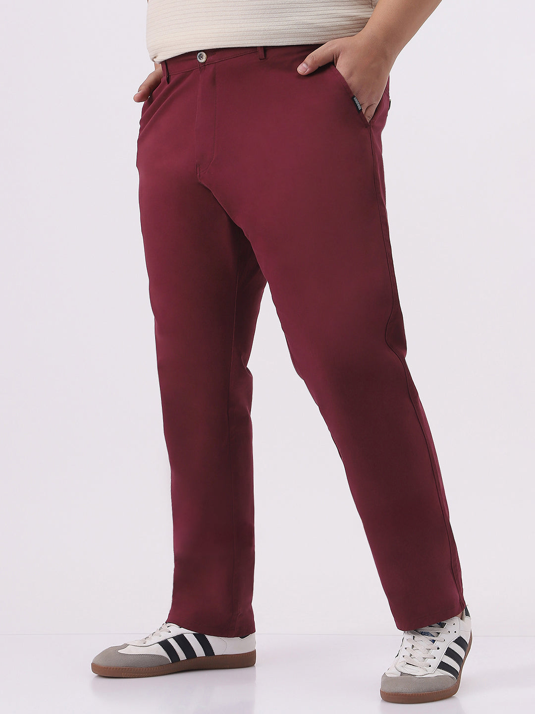 Plus Men's Dark Maroon Cotton Regular Fit Casual Chinos Trousers Stretch