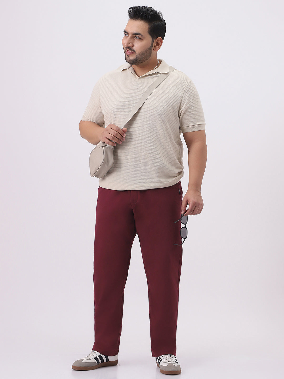 Plus Men's Dark Maroon Cotton Regular Fit Casual Chinos Trousers Stretch