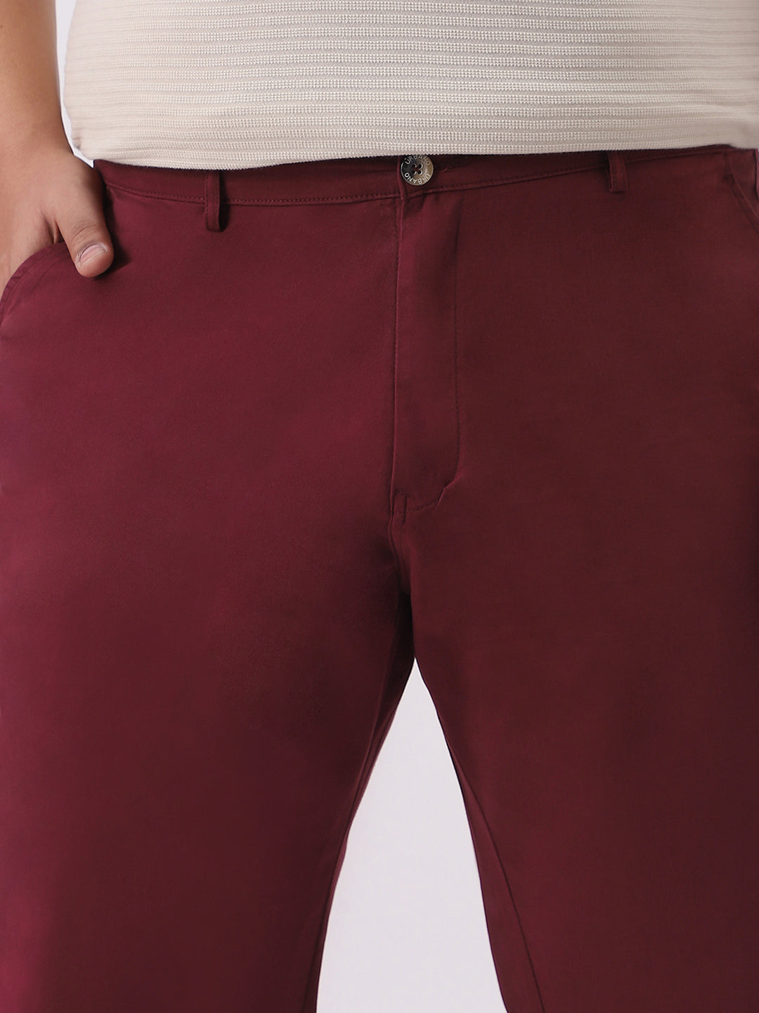 Plus Men's Dark Maroon Cotton Regular Fit Casual Chinos Trousers Stretch