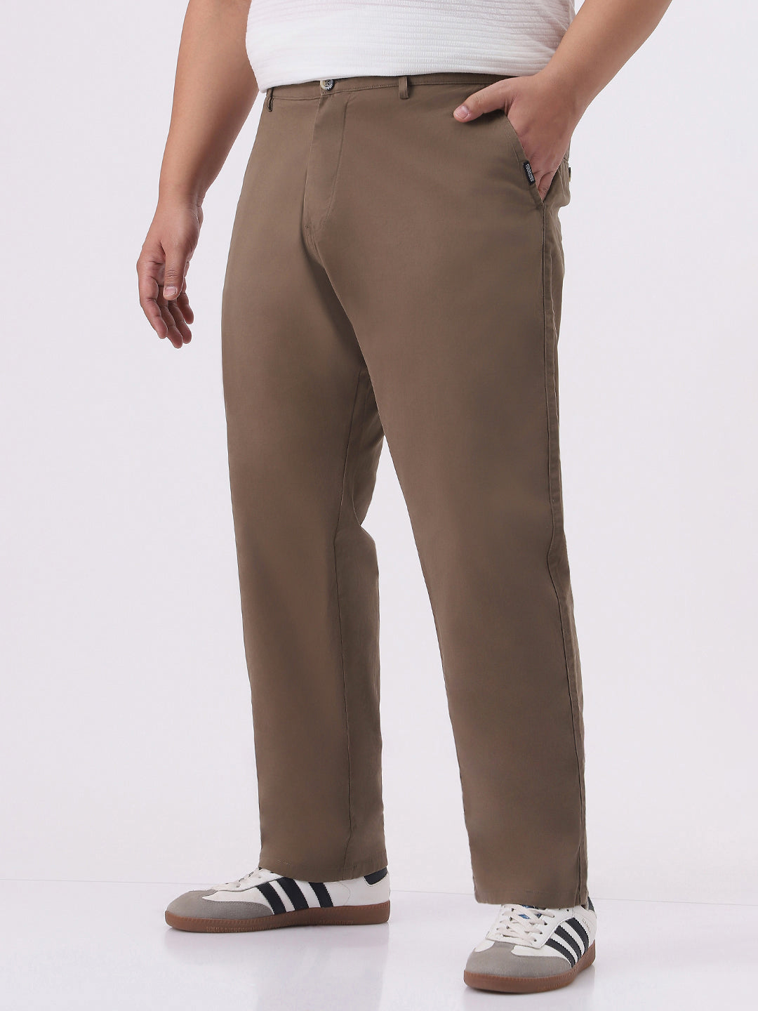 Plus Men's Dark Taupe Cotton Regular Fit Casual Chinos Trousers Stretch
