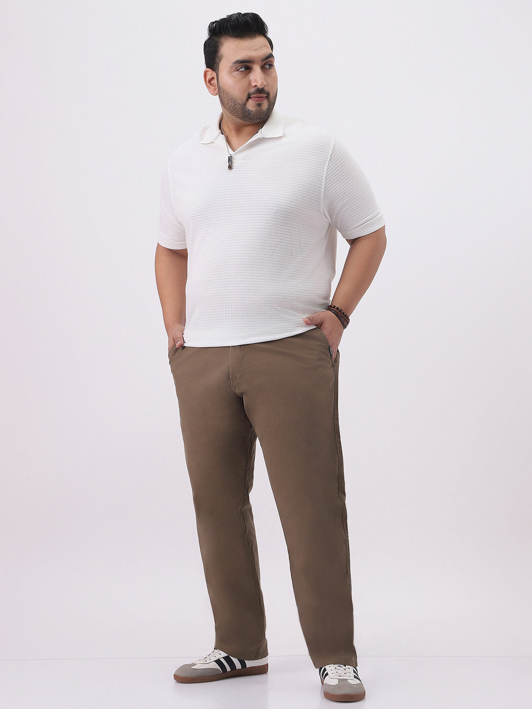 Plus Men's Dark Taupe Cotton Regular Fit Casual Chinos Trousers Stretch