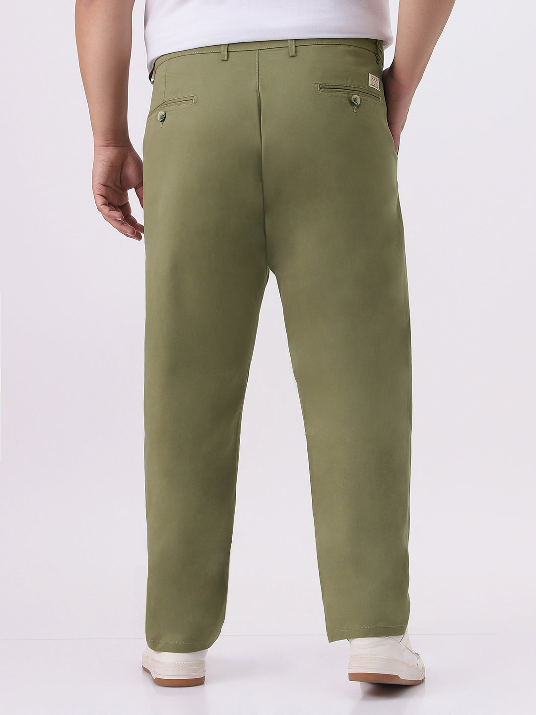 Plus Men's Light Olive Cotton Regular Fit Casual Chinos Trousers Stretch