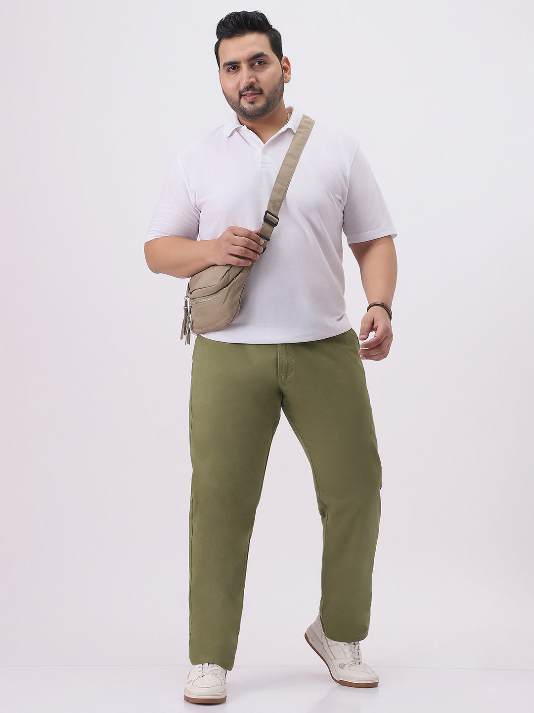 Plus Men's Light Olive Cotton Regular Fit Casual Chinos Trousers Stretch