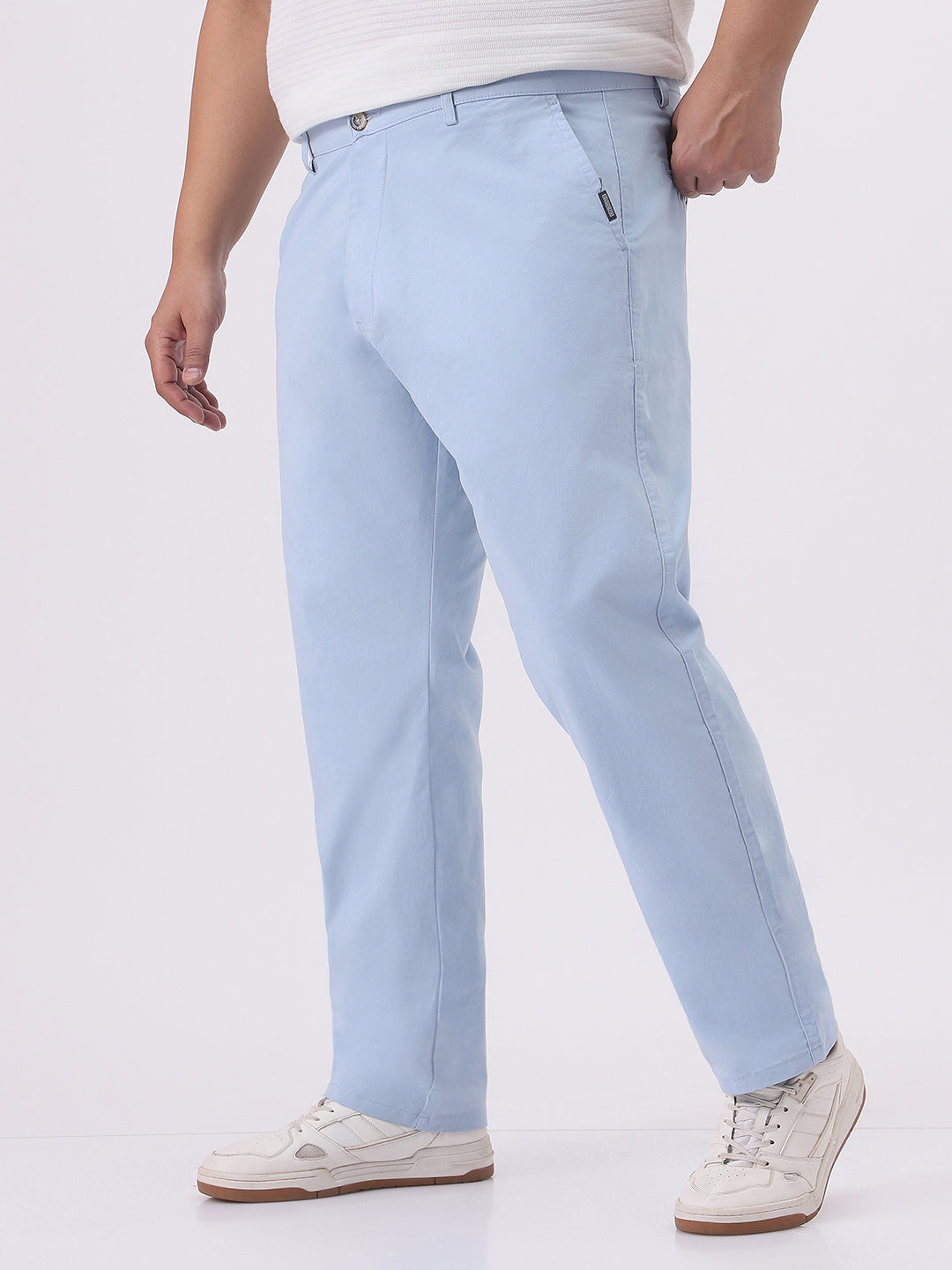Plus Men's Light Sky Blue Cotton Regular Fit Casual Chinos Trousers Stretch