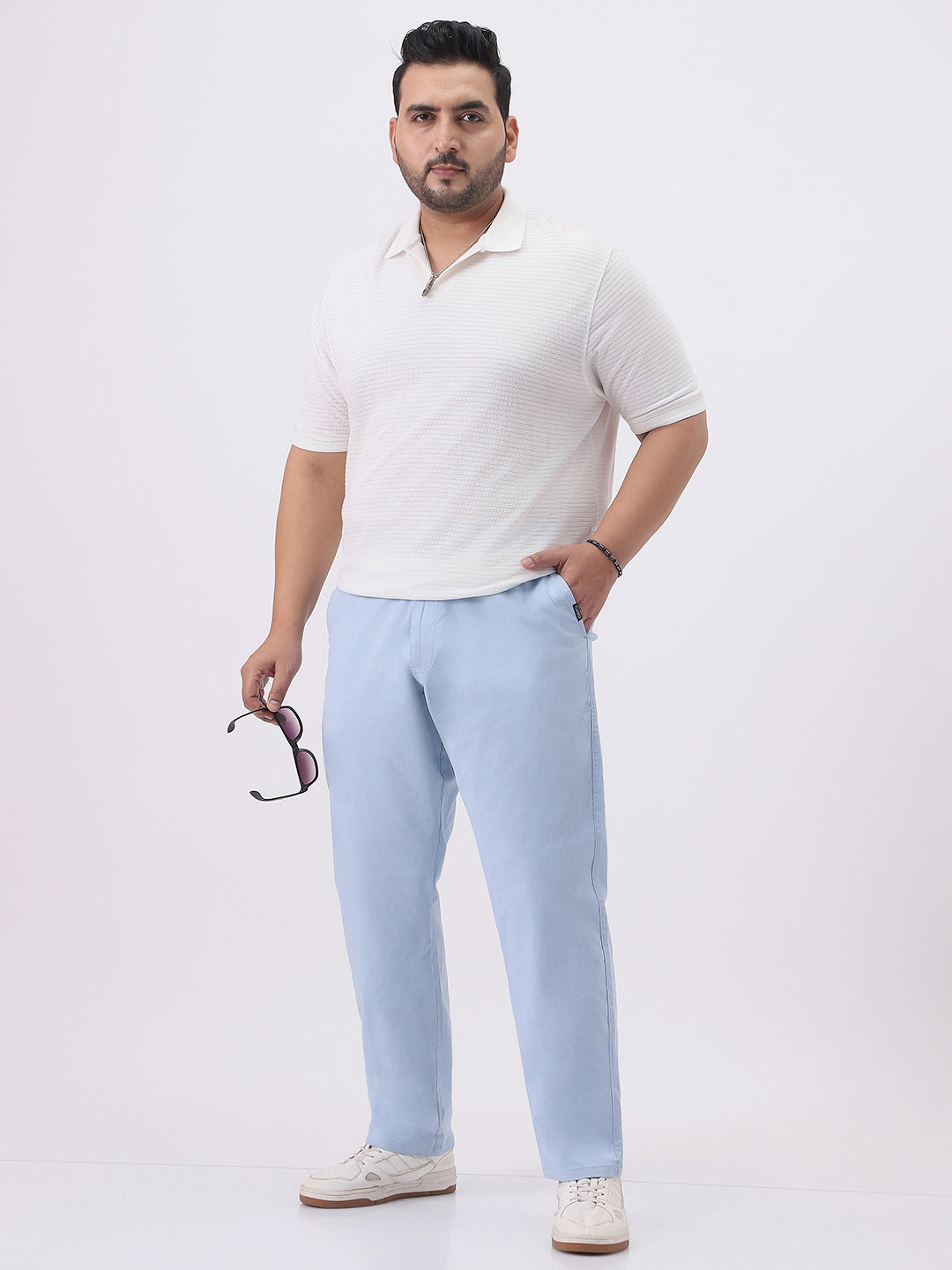 Plus Men's Light Sky Blue Cotton Regular Fit Casual Chinos Trousers Stretch