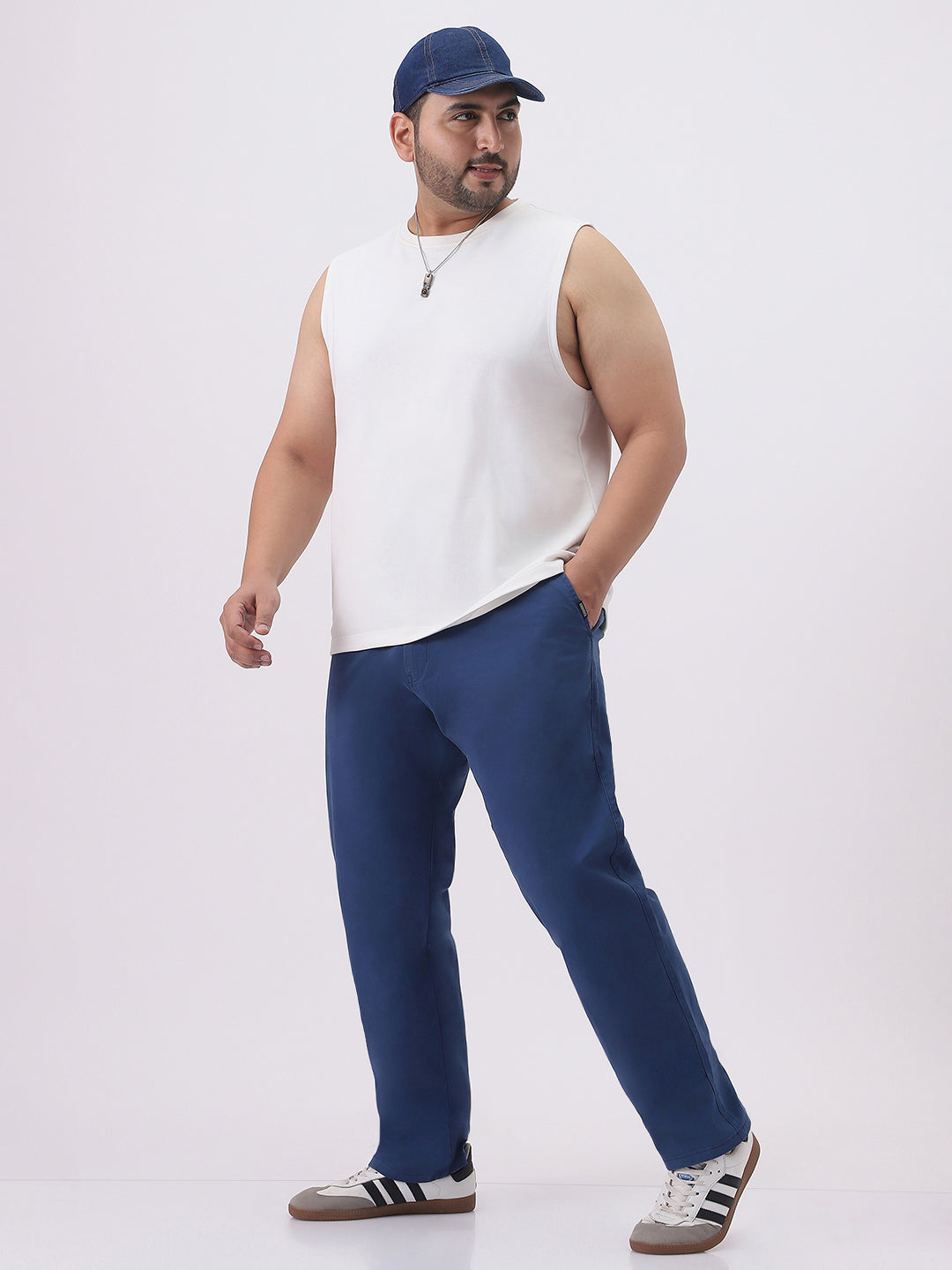 Plus Men's Royal Blue Cotton Regular Fit Casual Chinos Trousers Stretch