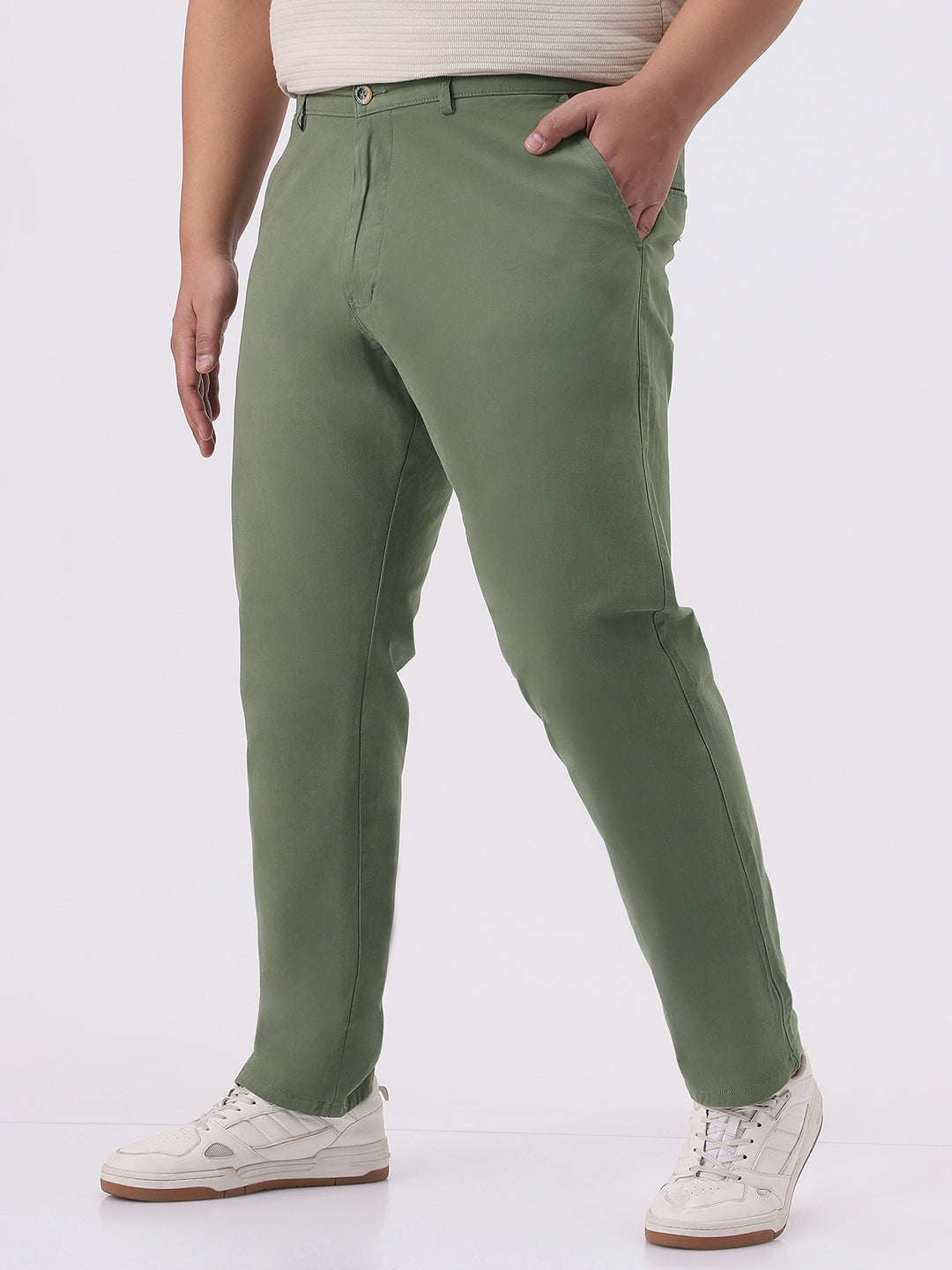 Plus Men's Sage Green Cotton Regular Fit Casual Chinos Trousers Stretch