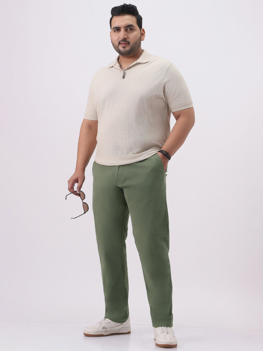 Plus Men's Sage Green Cotton Regular Fit Casual Chinos Trousers Stretch