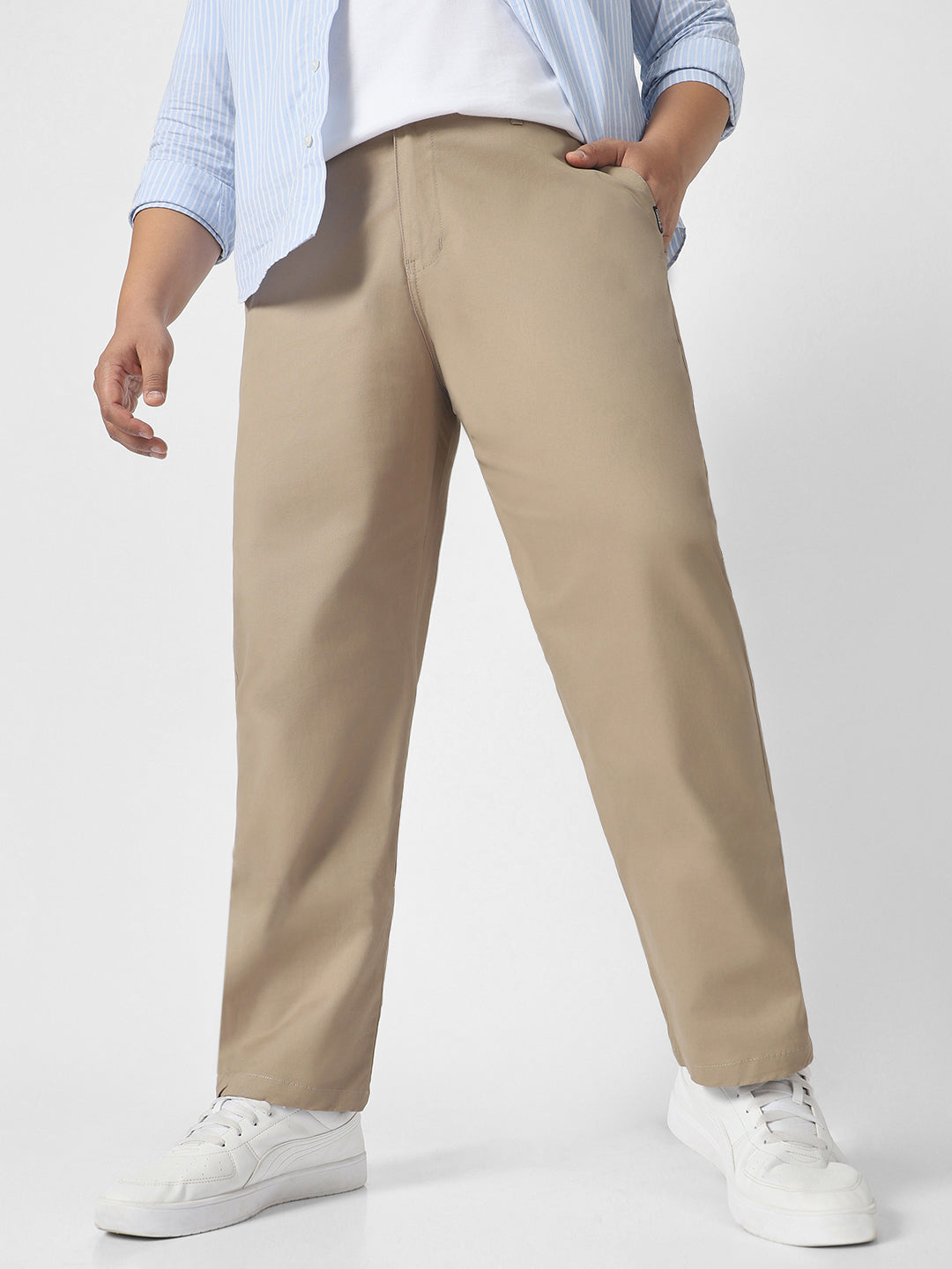 Plus Men's Taupe Brown Cotton Regular Fit Casual Chinos Trousers Stretch