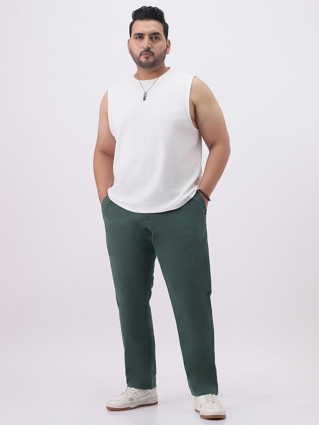 Plus Men's Teal Green Cotton Regular Fit Casual Chinos Trousers Stretch