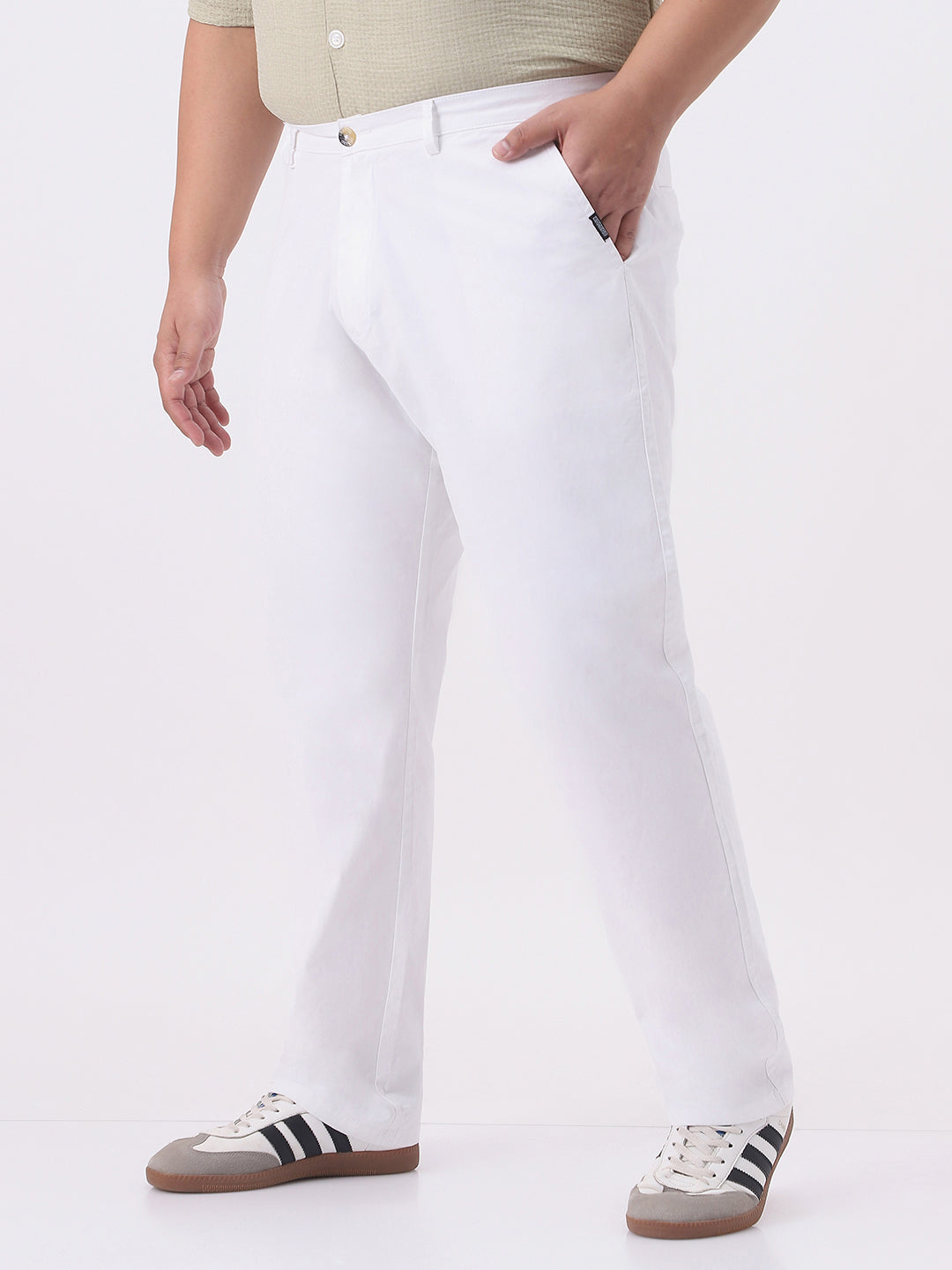 Plus Men's White Cotton Regular Fit Casual Chinos Trousers Stretch