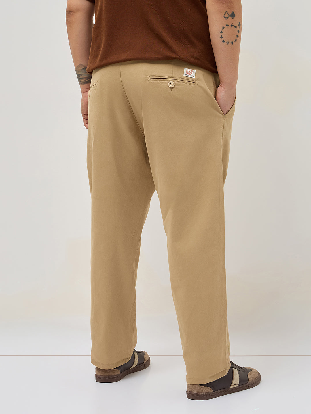 Plus Men's Beige Straight Fit Mid Rise Cotton Casual Chinos Trousers Stretch