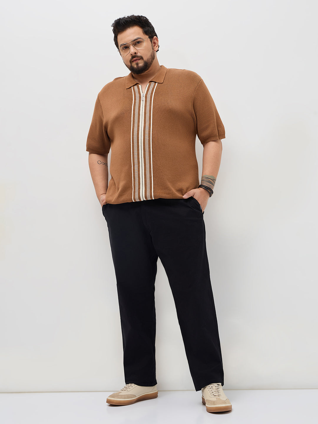 Plus Men's Black Straight Fit Mid Rise Cotton Casual Chinos Trousers Stretch