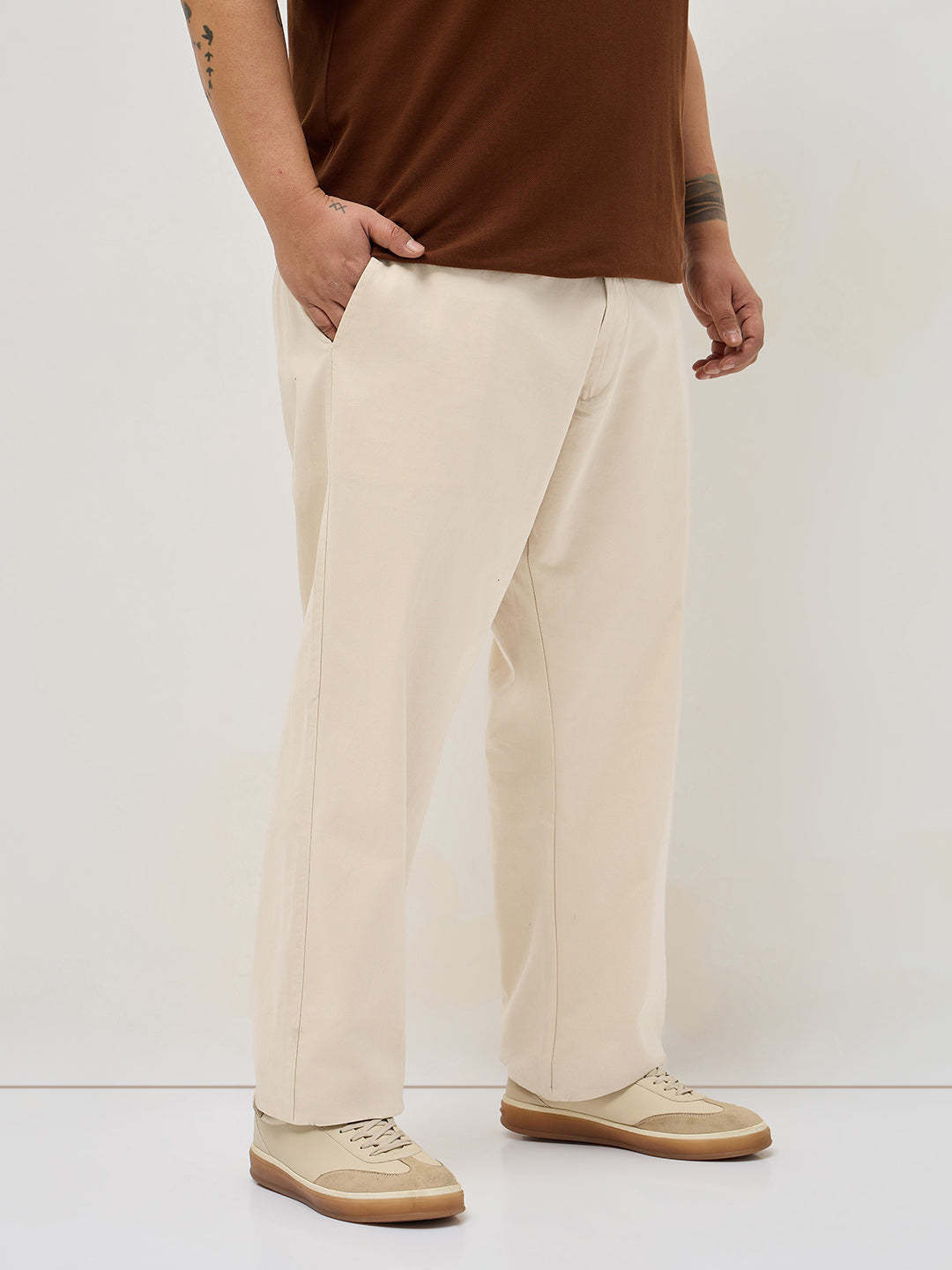 Plus Men's Cream Straight Fit Mid Rise Cotton Casual Chinos Trousers Stretch